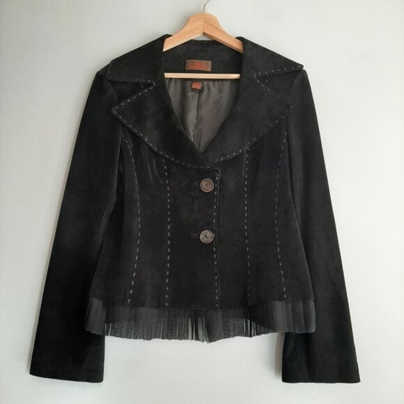 DANIER Genuine Suede Leather Jacket Blazer Button Front Sheer Hem Black Sz M - Picture 15 of 15